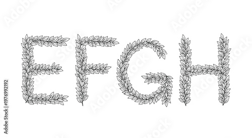 Elegant botanical letters E F G H are meticulously crafted from black and white leaf drawings for artistic typography.