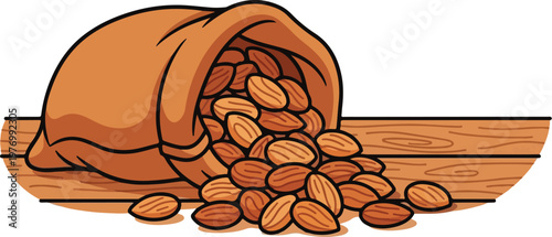 A sack of coffee beans being poured onto a wooden surface vector illustration