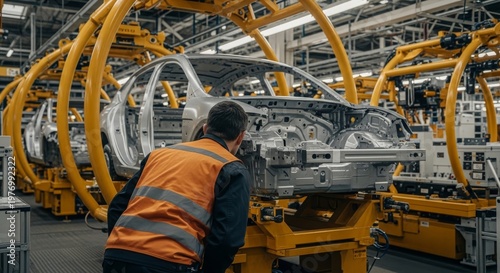 Automotive worker inspecting car chassis on an automated vehicle assembly line