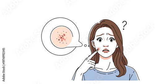 Concerned young woman points to a facial blemish shown in a circular magnification bubble to highlight skincare and acne treatment needs.