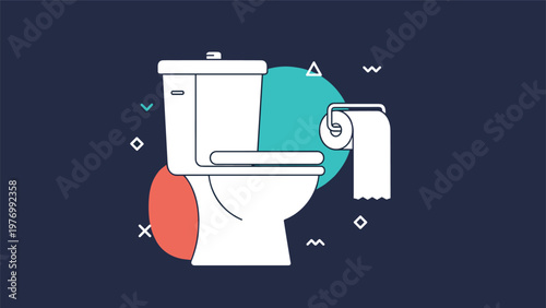 Toilet bowl with tank and toilet paper roll on a holder shown against a dark background with geometric shapes.