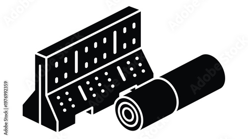 Industrial safety barrier and a roll of insulation or construction material represented in a black and white icon.