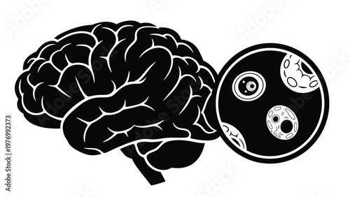 Human brain silhouette with a magnifying glass highlighting microscopic cellular structures or neural pathways.