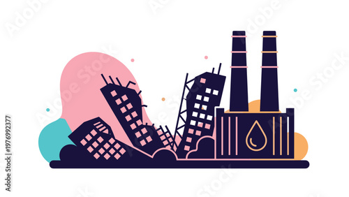 Ruined industrial plant and collapsed buildings near a refinery with a liquid drop icon signifying environmental impact.