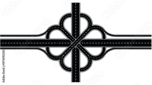 Overhead view of a complex cloverleaf highway interchange with multi-lane roads intersecting and looping for efficient traffic flow.