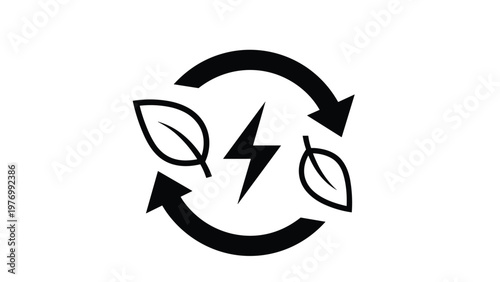 Circular green energy symbol featuring recycling arrows integrated with leaves and a central lightning bolt icon.