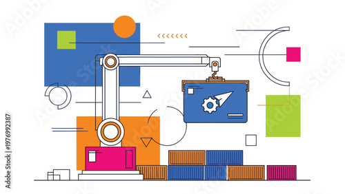 Industrial robotic arm lifting and organizing shipping containers in a highly automated logistics or cargo facility.