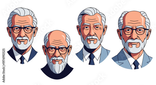 Series of four portraits shows an elderly gentleman with grey hair, glasses, and a beard wearing different formal suits for various looks.