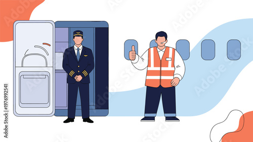 Airline pilot in uniform standing by an open cabin door while a ground crew member gives a thumbs up for clearance.