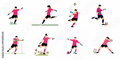 Flat illustration set of male and female soccer goalkeepers in pink uniforms performing various training actions and drills with a football.