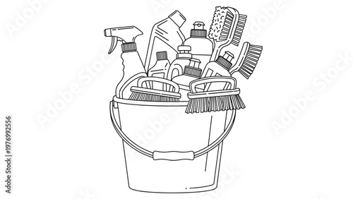 Line art illustration of a plastic bucket filled with various cleaning bottles, sprays, and brushes for household chores.