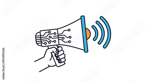 Hand holding a megaphone embellished with electronic circuit board patterns emitting digital signal waves for communication.