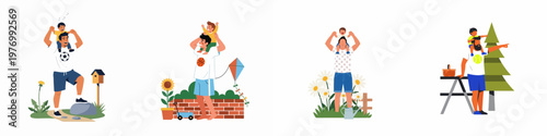Set of four flat vector illustrations of a father and son bonding and playing together outdoors during a sunny summer day.