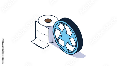 Toilet paper roll placed next to a blue circular recycling icon highlighting the importance of using recycled paper products.