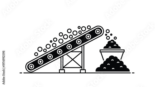 Industrial conveyor belt system transporting small round materials into a collection bin at a processing facility.