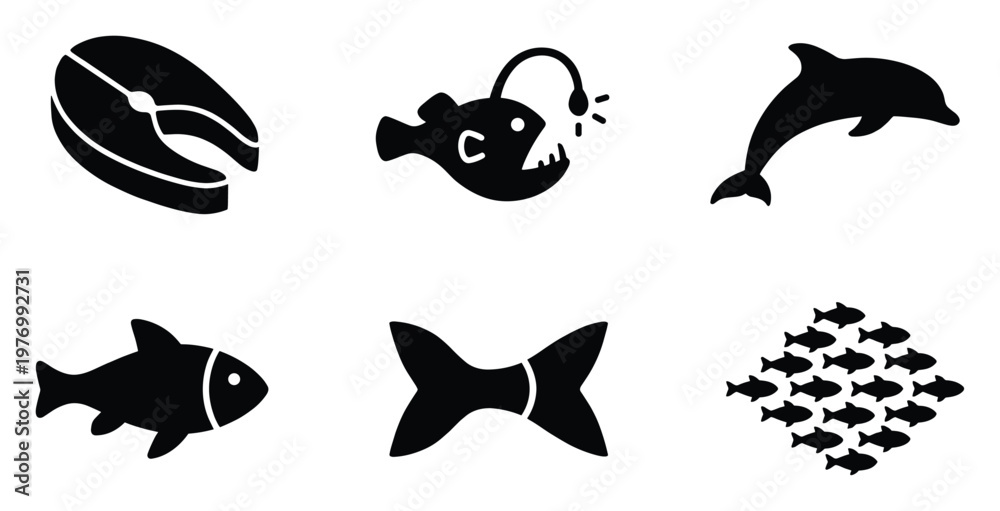 Fototapeta premium Dynamic collection of versatile marine life and fish icons featuring a dolphin, anglerfish, fish steak, and school of fish, ideal for menus, conservation, or aquatic themes