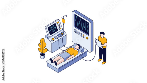 Medical isometric illustration of a patient lying in a hospital bed monitored by advanced clinical machines and a doctor.