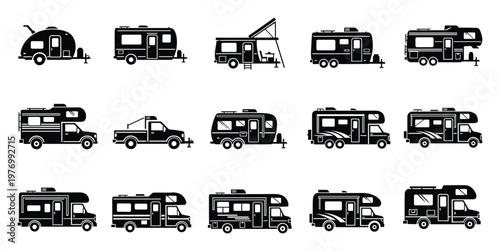 Collection of various recreational vehicles and campers presented as black silhouettes for travel, outdoor adventure, and camping themed projects.