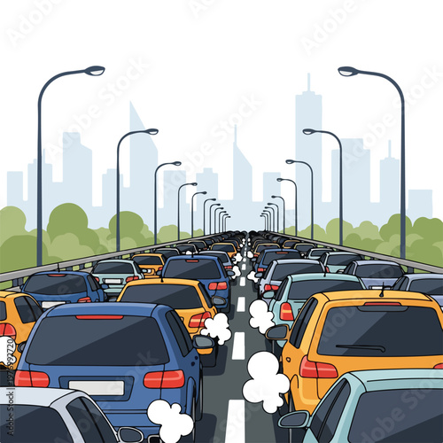Flat 2D vector illustration of a dense traffic jam on a city highway, showing long lines of cars emitting exhaust fumes against a backdrop of streetlights and urban skyscrapers.