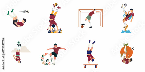 Flat vector illustration set of soccer players performing various athletic and acrobatic moves with balls on a white background.