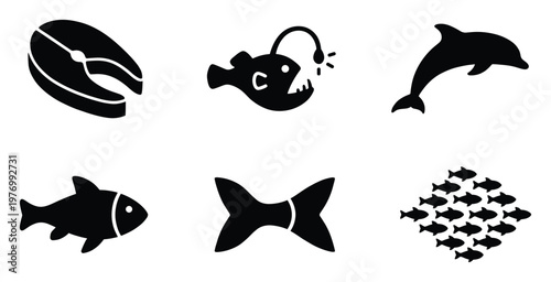 Dynamic collection of versatile marine life and fish icons featuring a dolphin, anglerfish, fish steak, and school of fish, ideal for menus, conservation, or aquatic themes