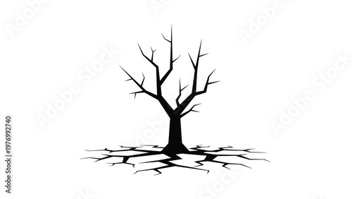 Silhouette of a withered dead tree with bare branches standing over dry and deeply cracked earth under a white sky.
