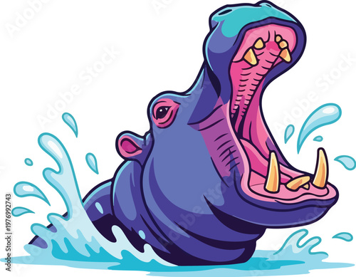 Hippopotamus joyfully splashing in water with an open mouth vector illustration