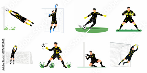Collection of soccer goalkeeper illustrations showing various actions like diving, jumping, catching, and kicking the ball in a black and yellow uniform.