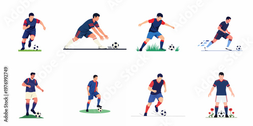 Set of Eight Flat Vector Illustrations of Male Soccer Players in Various Dynamic Action Poses, Dribbling, and Running with a Football