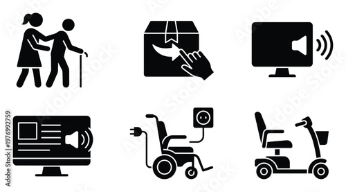 Comprehensive accessibility and elder assistance vector symbols illustrating mobility scooters, power wheelchairs, screen readers, and assisted living support for diverse digital and