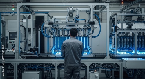 Engineer reviewing automated circuit board fabrication in high tech production line
