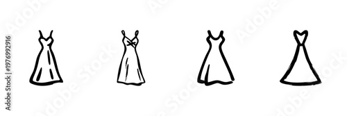 Elegant Dress Collection In Hand Drawn Style Set. Fashionable Apparel, Evening Gown, Casual Wear Doodle Sketch Collection. Clothing Design Variety. Isolated Vector Illustration