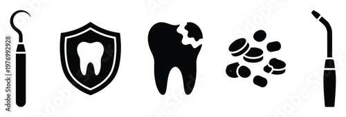 Dental icons representing dentistry tools, oral health protection, decaying tooth, and medication for professional healthcare applications and educational presentations.
