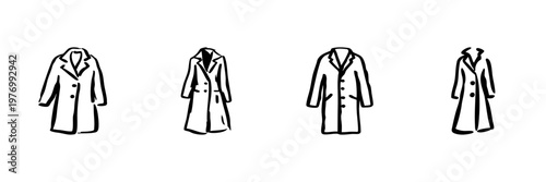 Trench Coat Variations In Hand Drawn Style Set. Fashionable Outerwear, Stylish Jacket, Winter Clothing Doodle Sketch Collection. Apparel Design Elements. Isolated Vector Illustration