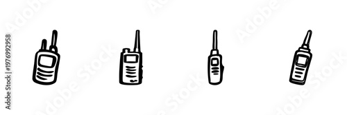 Walkie Talkie Icons In Hand Drawn Style Set. Communication, Radio Transmission, Two-Way Radio Doodle Sketch Collection. Portable Device Illustration. Isolated Vector Illustration
