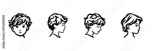 Child Portraits In Hand Drawn Style Set. Expressive Facial Profiles, Youthful Innocence, Artistic Sketch Collection. Side And Front Views. Isolated Vector Illustration