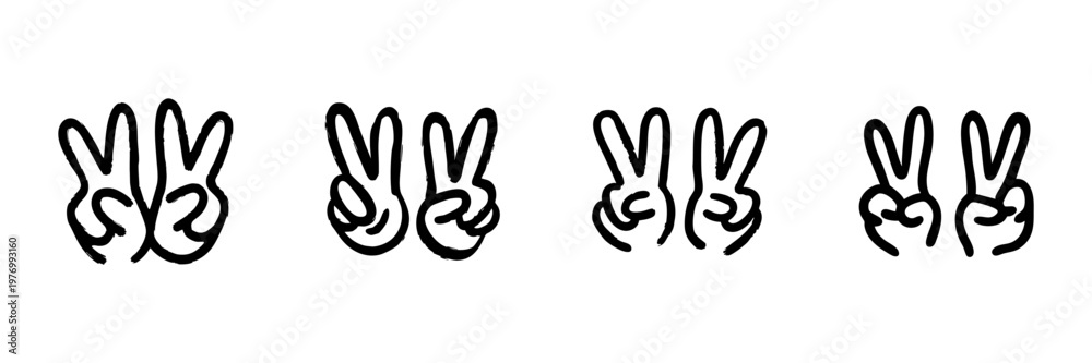 Fototapeta premium Peace Hand Gesture Icons In Hand Drawn Style Set. Symbol Of Victory, Harmony, And Positivity Doodle Sketch Collection. Communication And Expression. Isolated Vector Illustration