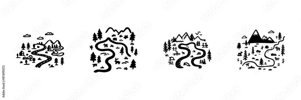Fototapeta premium Scenic Mountain Road Landscapes In Hand Drawn Style Set. Nature Exploration, Adventure Travel, Wilderness Journey Doodle Sketch Collection. Rustic Outdoor Illustration. Isolated Vector Illustration