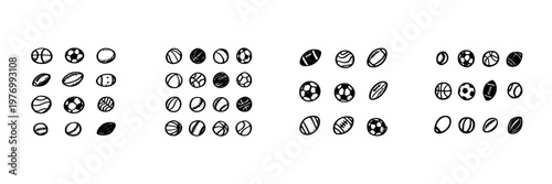 Sports Balls Icon Set In Hand Drawn Style. Diverse Ball Collection For Various Sports Including Soccer, Basketball, Baseball, And Rugby. Athletic Equipment Doodle Sketch. Isolated Vector Illustration