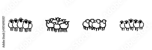 Sheep Herds In Hand Drawn Style Set. Farm Animal Grouping, Pastoral Life, Livestock Management Doodle Sketch Collection. Rustic Agriculture Theme. Isolated Vector Illustration
