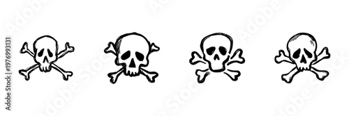 Skull And Crossbones Icons In Hand Drawn Style Set. Danger, Toxicity, Warning Symbols Doodle Sketch Collection. Hazardous Material, Pirate Theme. Isolated Vector Illustration