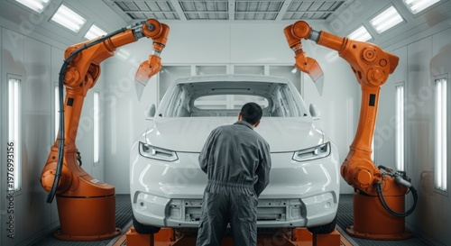 Worker overseeing robotic painting arms applying finish to car body in spray booth