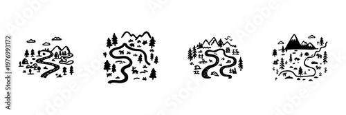 Scenic Mountain Road Landscapes In Hand Drawn Style Set. Nature Exploration, Adventure Travel, Wilderness Journey Doodle Sketch Collection. Rustic Outdoor Illustration. Isolated Vector Illustration