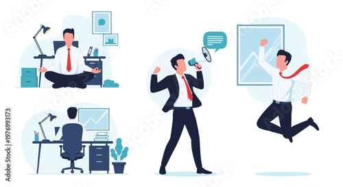 Collection of flat business characters shows office workers meditating, jumping for joy, and making announcements through a megaphone.