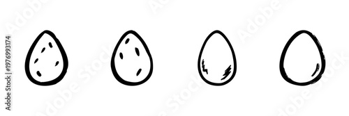 Four Egg Icons In Hand Drawn Style Set. Easter, Fertility, And New Beginnings Doodle Sketch Collection. Decorative Patterns. Isolated Vector Illustration