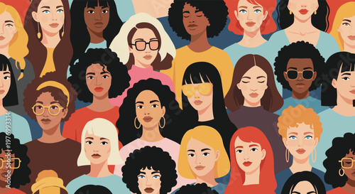 Colorful seamless pattern consists of many unique female faces with diverse skin tones and hairstyles celebrating global sisterhood.