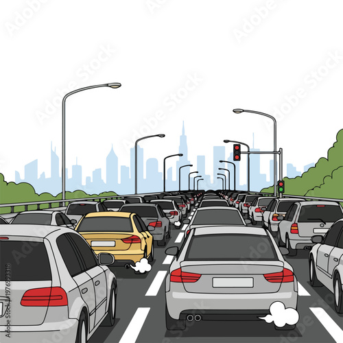 Flat 2D vector illustration of a heavy traffic jam on a multi-lane city highway with many cars, exhaust fumes, streetlights, and a distant urban skyline under a clear white sky.