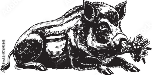 A vintage illustration of a pig holding a bouquet of flowers vector illustration