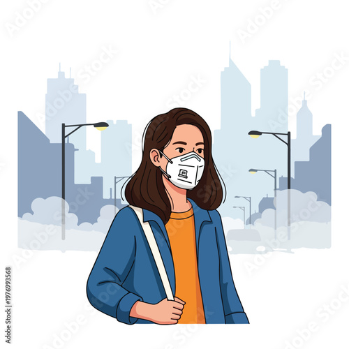 Flat 2D vector illustration of a young woman wearing a white protective N95 face mask while walking in a polluted city with skyscrapers, streetlights, and thick smog in the background.