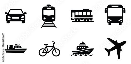 Collection of diverse black silhouette transportation vehicle icons for modern travel and logistics application interface designs